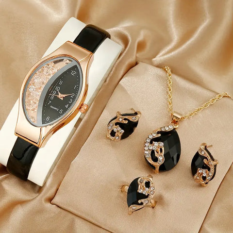 Quartz Watch Combo with Peacock Motif - Includes Necklace, Earrings & Adjustable Ring