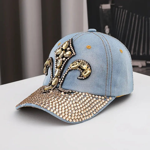 Luxury Rhinestone Embellished Denim Baseball Cap