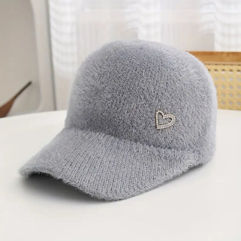 Love Heart Embellished Faux Mink Baseball Cap
