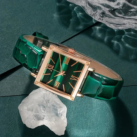 5pcs/Set Casual Simple Pointer Square  Watch Set With  PU Leather Strap