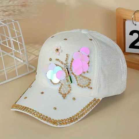 Cotton Baseball Cap with Rhinestone Butterfly