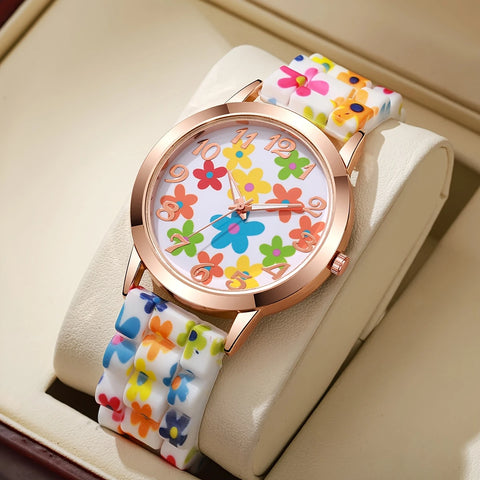 Fashionable Floral Print Silicone Band Wrist Watch