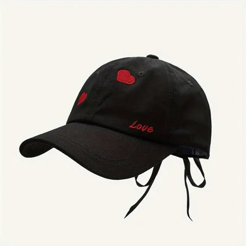 Adjustable Baseball Cap with Heart Embroidery & LOVE Ribbon