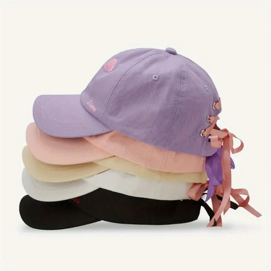 Adjustable Baseball Cap with Heart Embroidery & LOVE Ribbon