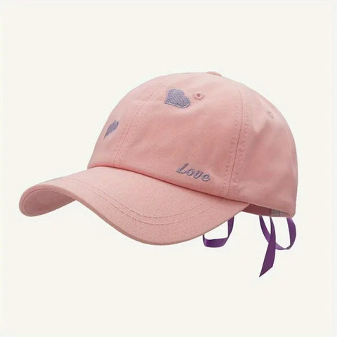 Adjustable Baseball Cap with Heart Embroidery & LOVE Ribbon