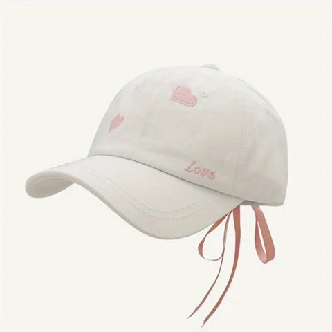 Adjustable Baseball Cap with Heart Embroidery & LOVE Ribbon