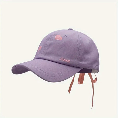 Adjustable Baseball Cap with Heart Embroidery & LOVE Ribbon