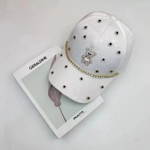 Baseball Cap with Rhinestone Bear