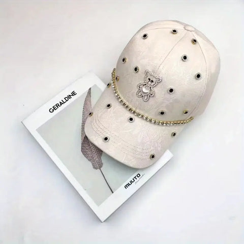 Baseball Cap with Rhinestone Bear