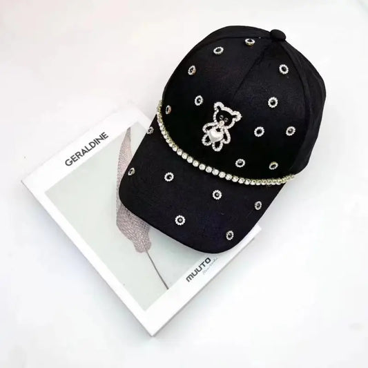 Baseball Cap with Rhinestone Bear