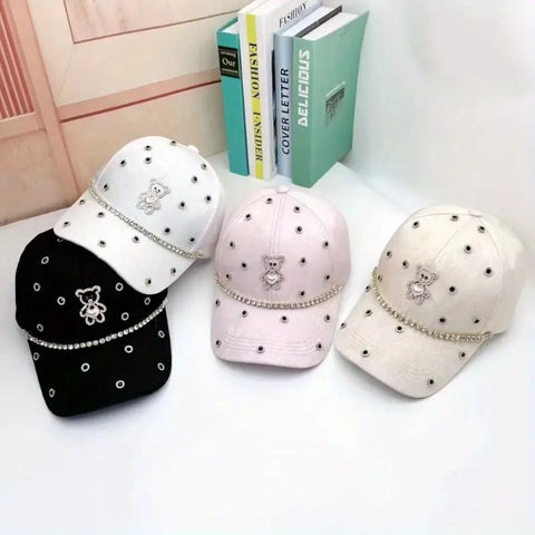 Baseball Cap with Rhinestone Bear