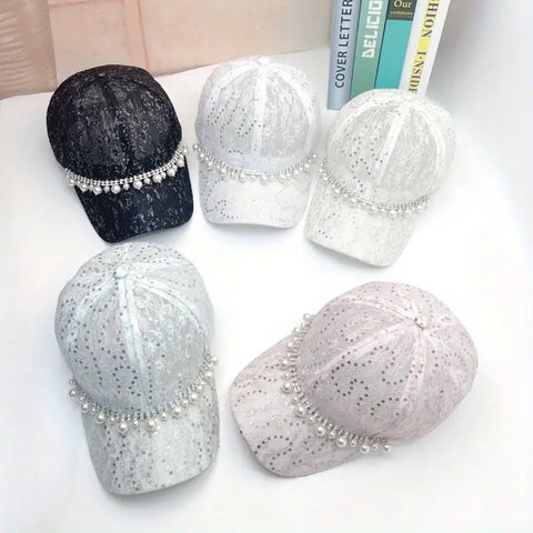 Pearl Beaded Chain Lace Baseball Cap