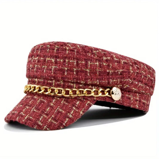 Tweed  Beret Hat with Chain Detail
