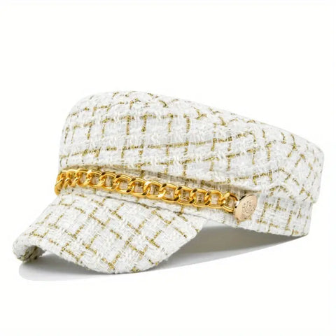 Tweed  Beret Hat with Chain Detail