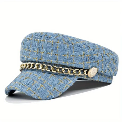Tweed  Beret Hat with Chain Detail