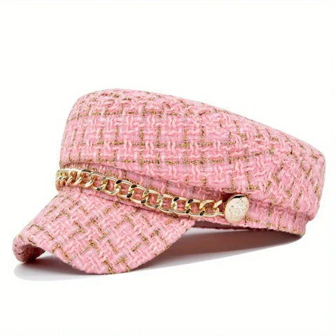 Tweed  Beret Hat with Chain Detail
