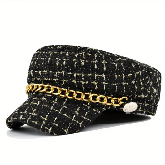 Tweed  Beret Hat with Chain Detail