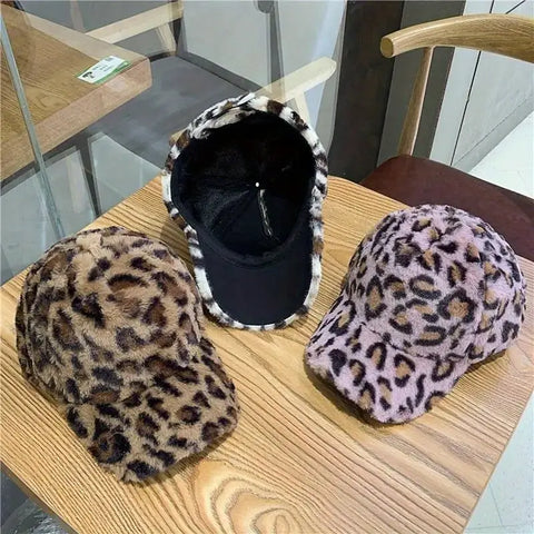 Cozy Faux Mink Leopard Print Baseball Cap