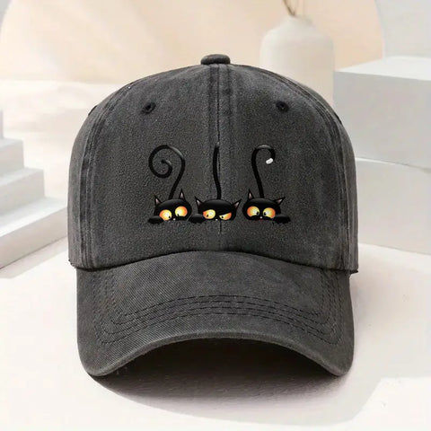 Adjustable Cotton Sun Protection Hat with Black Cat Design