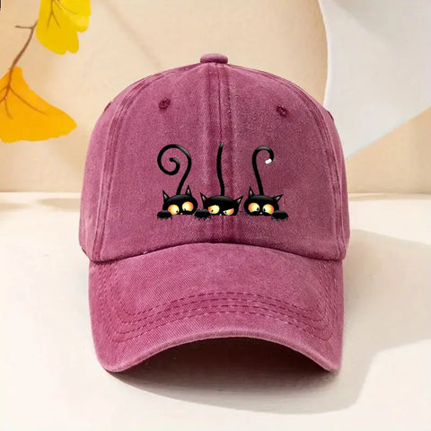 Adjustable Cotton Sun Protection Hat with Black Cat Design