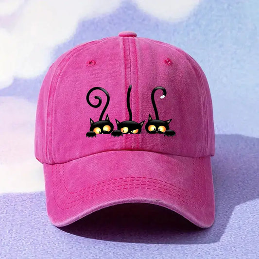 Adjustable Cotton Sun Protection Hat with Black Cat Design