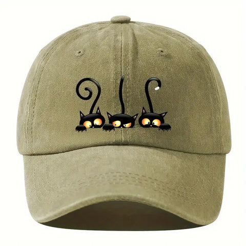 Adjustable Cotton Sun Protection Hat with Black Cat Design