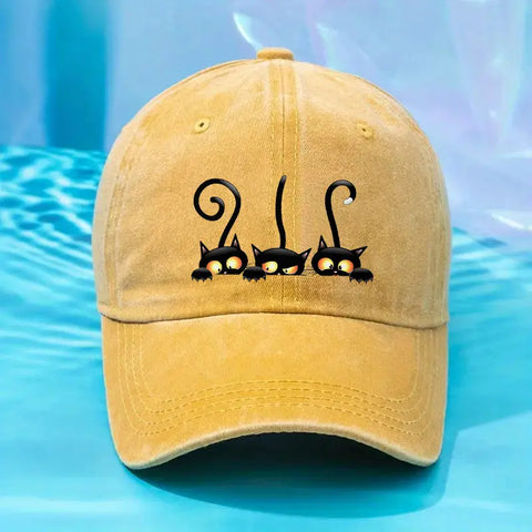 Adjustable Cotton Sun Protection Hat with Black Cat Design