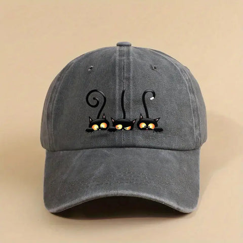 Adjustable Cotton Sun Protection Hat with Black Cat Design