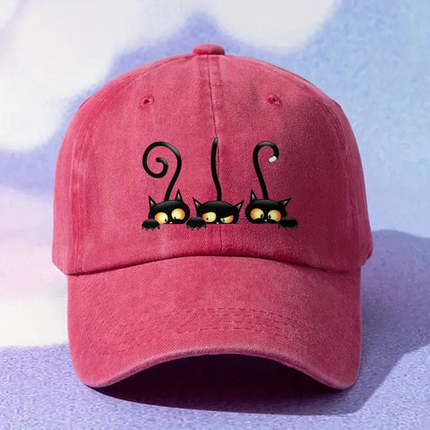 Adjustable Cotton Sun Protection Hat with Black Cat Design