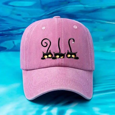 Adjustable Cotton Sun Protection Hat with Black Cat Design