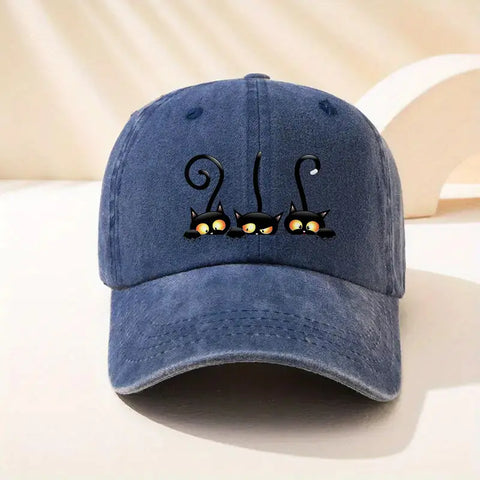 Adjustable Cotton Sun Protection Hat with Black Cat Design