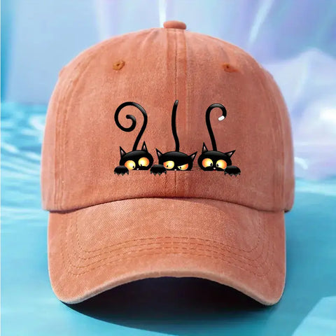 Adjustable Cotton Sun Protection Hat with Black Cat Design