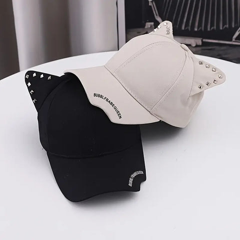 Cat Ear Baseball Cap with Rivet Accents