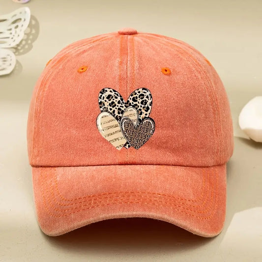 Three Leopard Print Heart Print  Washed Baseball Cap