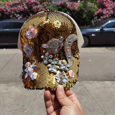 Baseball Cap with Rhinestones and Floral Embellishments