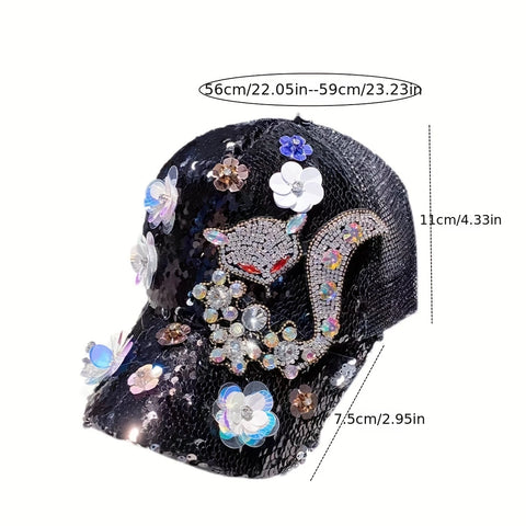 Baseball Cap with Rhinestones and Floral Embellishments