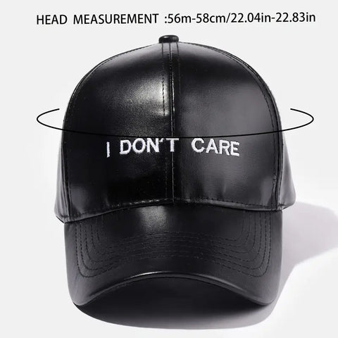 I DON'T CARE Slogan Embroidered PU Leather Baseball Cap