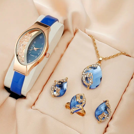 Quartz Watch Combo with Peacock Motif - Includes Necklace, Earrings & Adjustable Ring