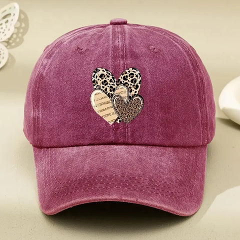 Three Leopard Print Heart Print  Washed Baseball Cap