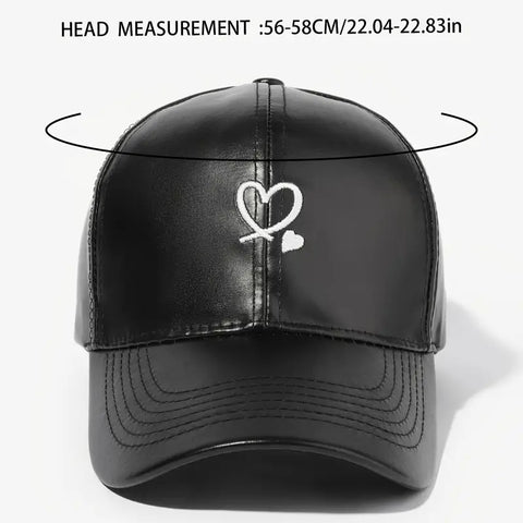 Leather Baseball Cap with Embroidered Heart Design