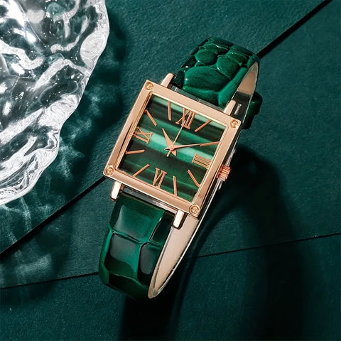 5pcs/Set Casual Simple Pointer Square  Watch Set With  PU Leather Strap