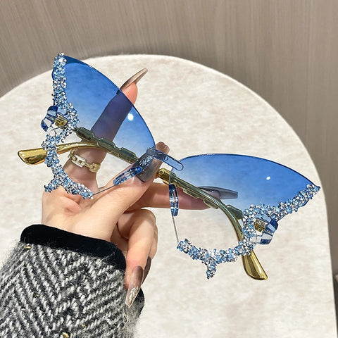 Butterfly-Shaped Rimless Glasses with Sparkling Rhinestone Accents