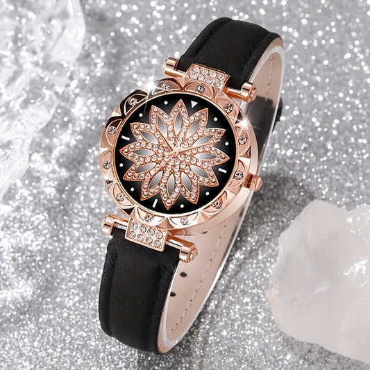 Black PU Leather Strap Watch  With Rose Golden-Tone Alloy Case
