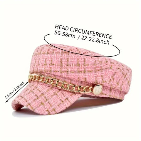 Tweed  Beret Hat with Chain Detail