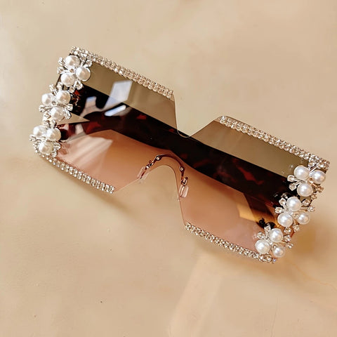 Elegant Flower Decor No Frame Square Luxury Rhinestone Glasses