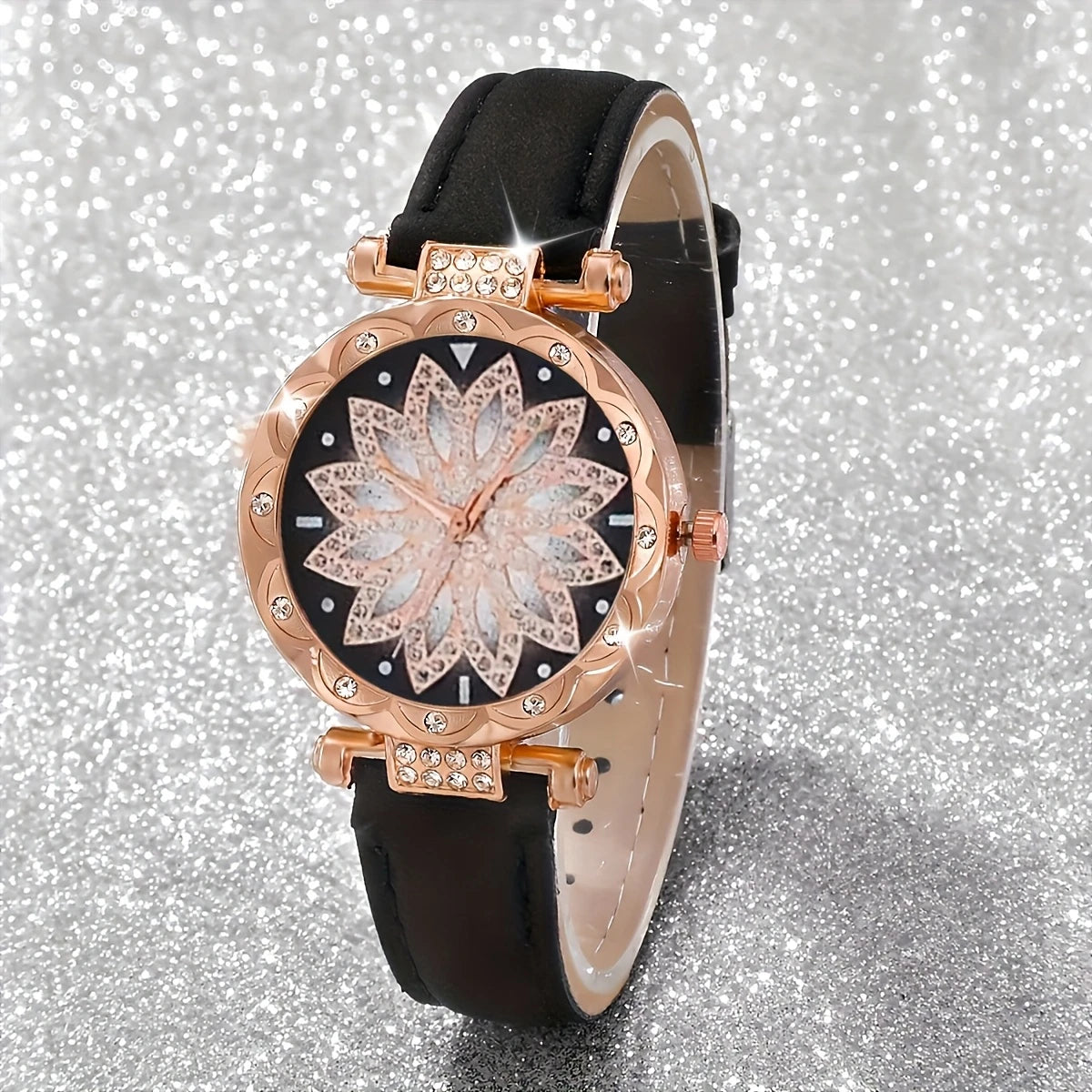 Black PU Leather Strap Watch  With Rose Golden-Tone Alloy Case