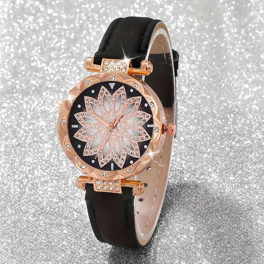Black PU Leather Strap Watch  With Rose Golden-Tone Alloy Case