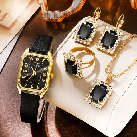 Women Fashion Retro PU Leather Band Quartz Watches+Crystal Jewelry Set