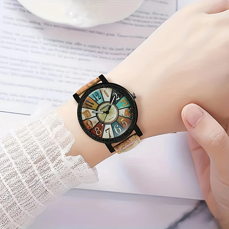 Stylish Casual Quartz Watch with  Wooden-Like Textured Band