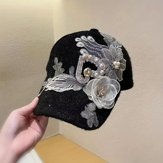 Elegant Korean-Style  Baseball Cap with Floral Diamond